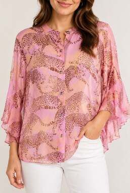 Cabi Minx Blouse Style 5711 Lilac Pink Leopard Cheetah Print Flutter Sleeve Smal